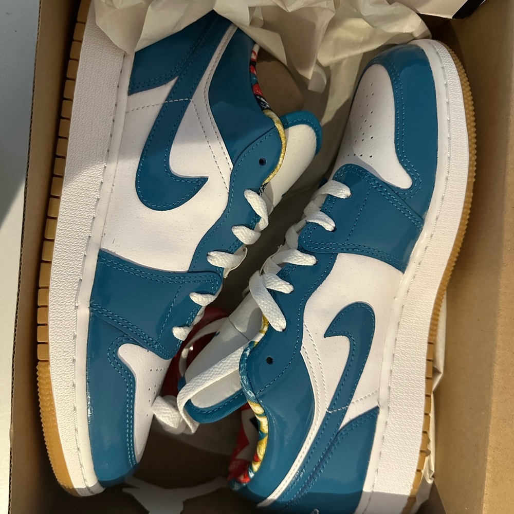 Air Jordan Blue and White Kids Low-Top Sneakers - Classic Swoosh Design
